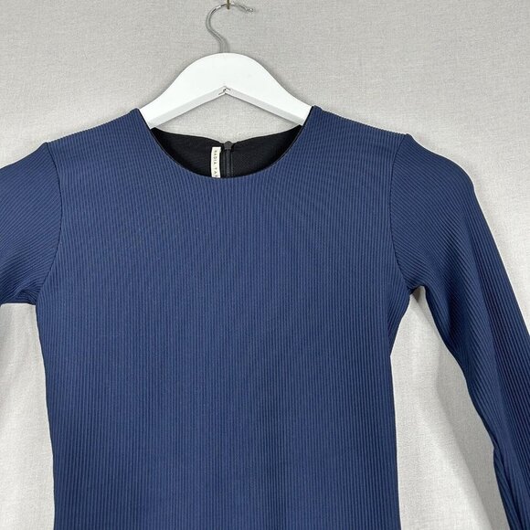 Nadia Tarr Women Dress Extra Small Blue Ribbed Scuba Midi Fitted Sculpt Cocktail - Picture 2 of 14